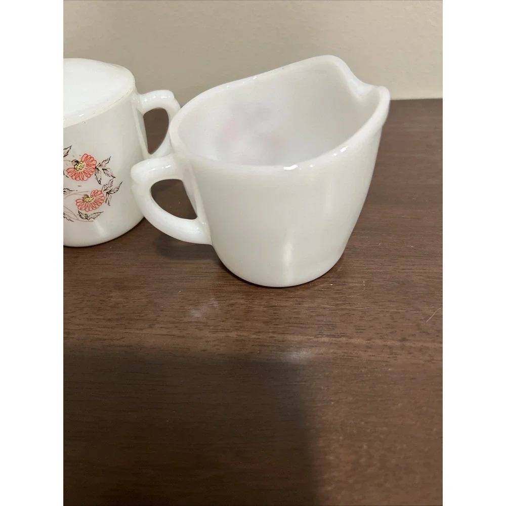 Fire King Fleurette Cream and Sugar Set Milk‎ Glass Floral Vintage